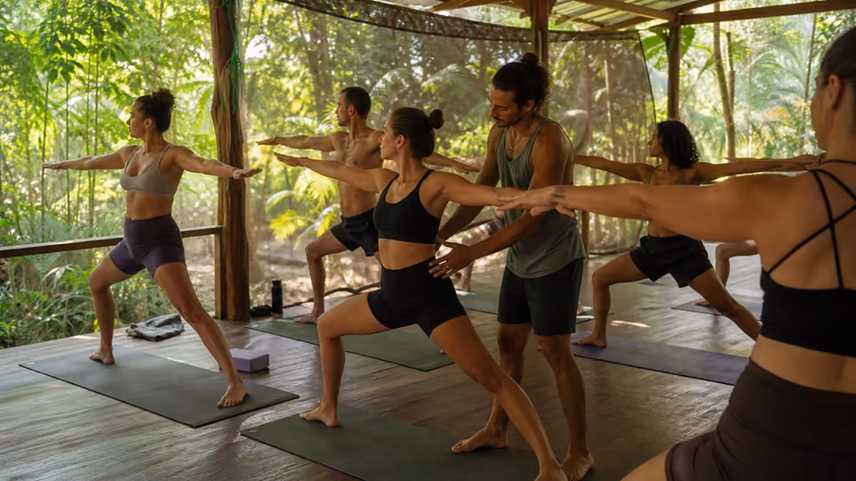 Morning yoga class in an open-air Santa Teresa studio