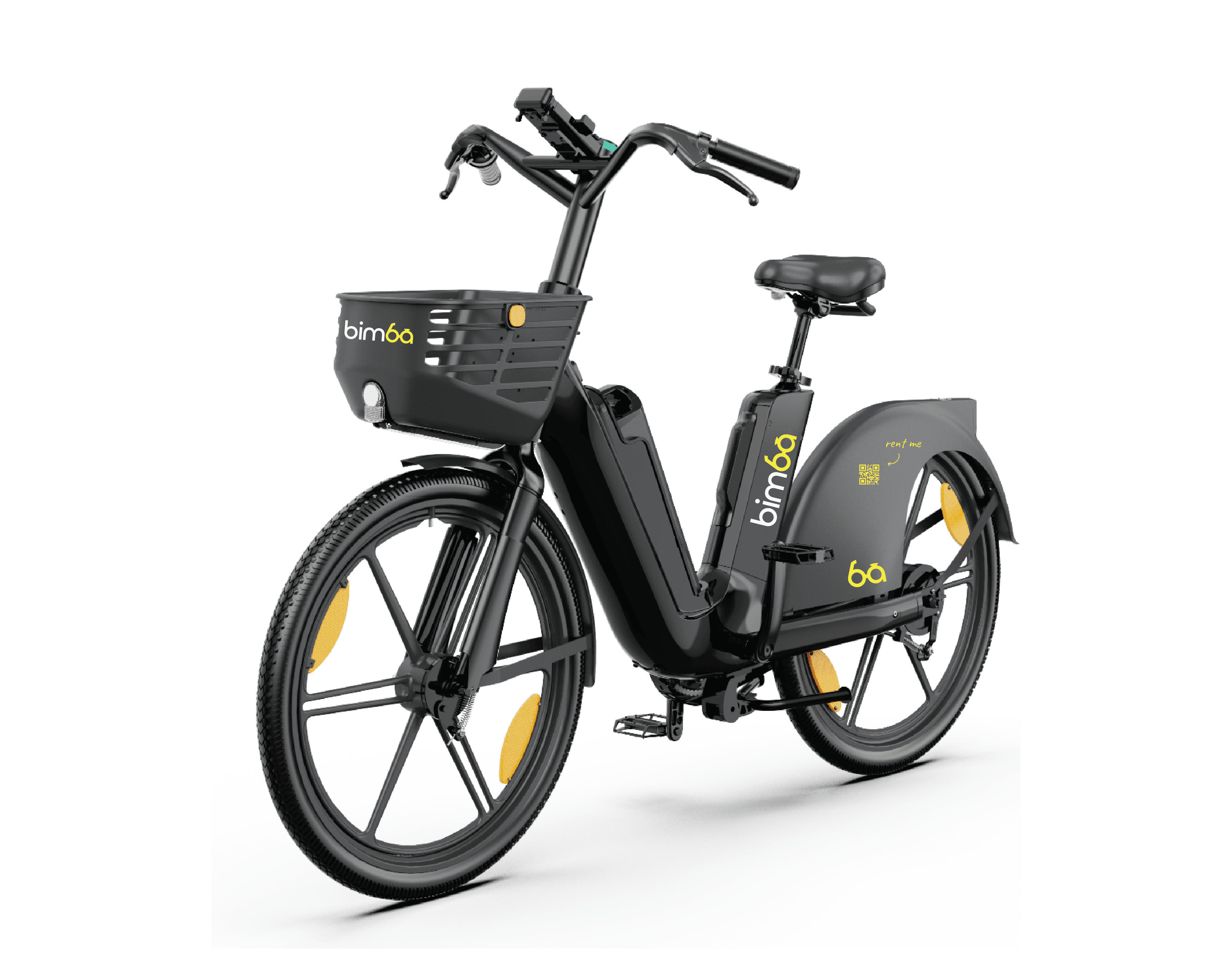 Official black Bimba electric bike with front basket and yellow Bimba branding