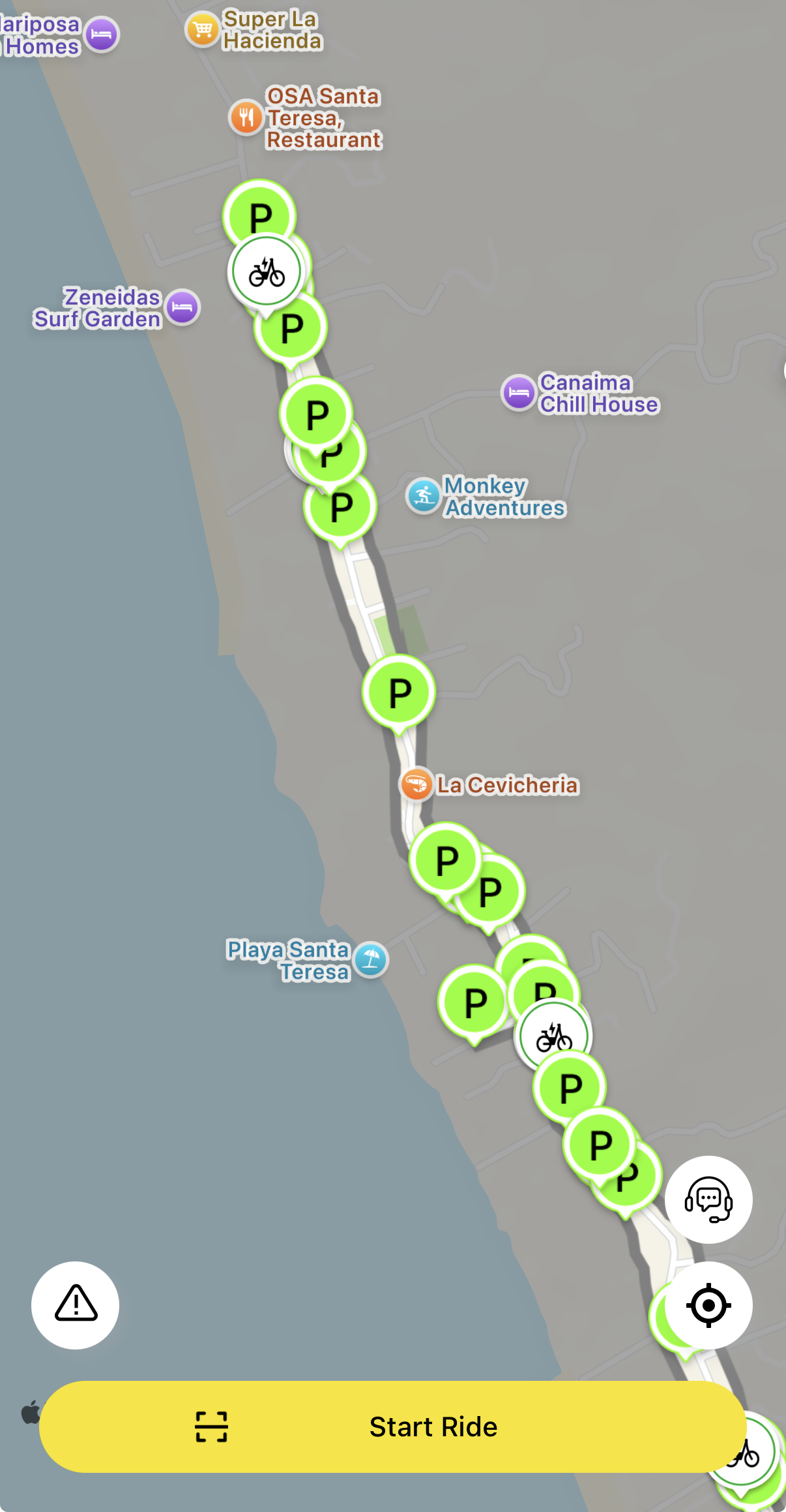 The real Bimba app map showing vehicles and parking locations along Santa Teresa