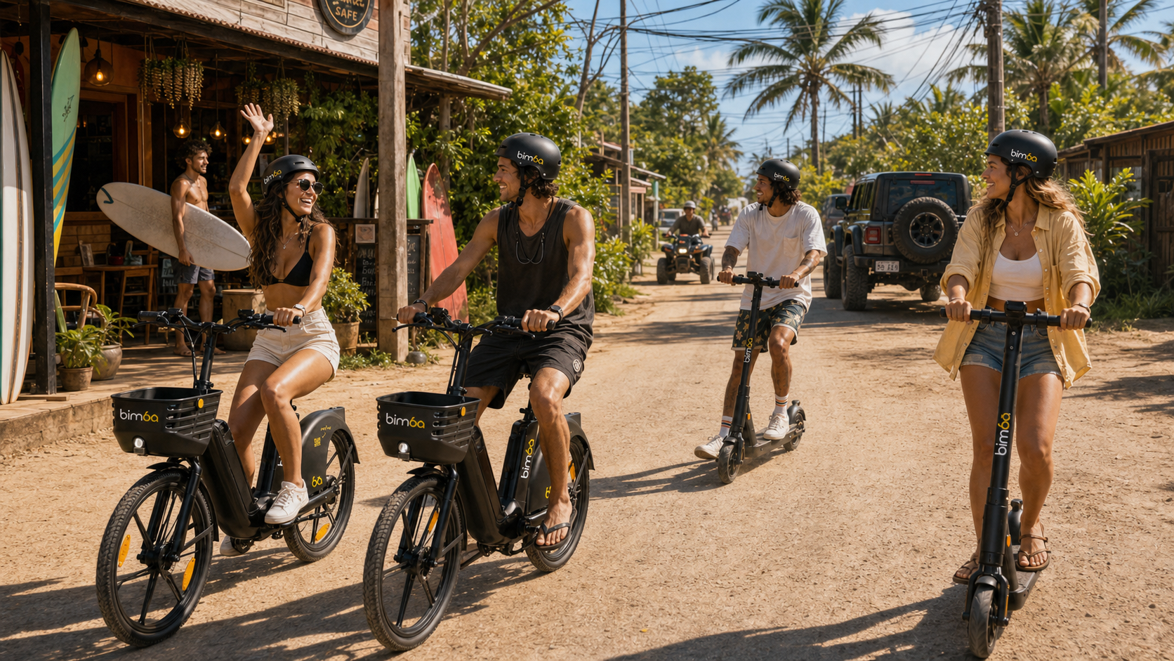 Happy Bimba riders on two electric bikes and two scooters on a sunny Santa Teresa road beside a surf cafe