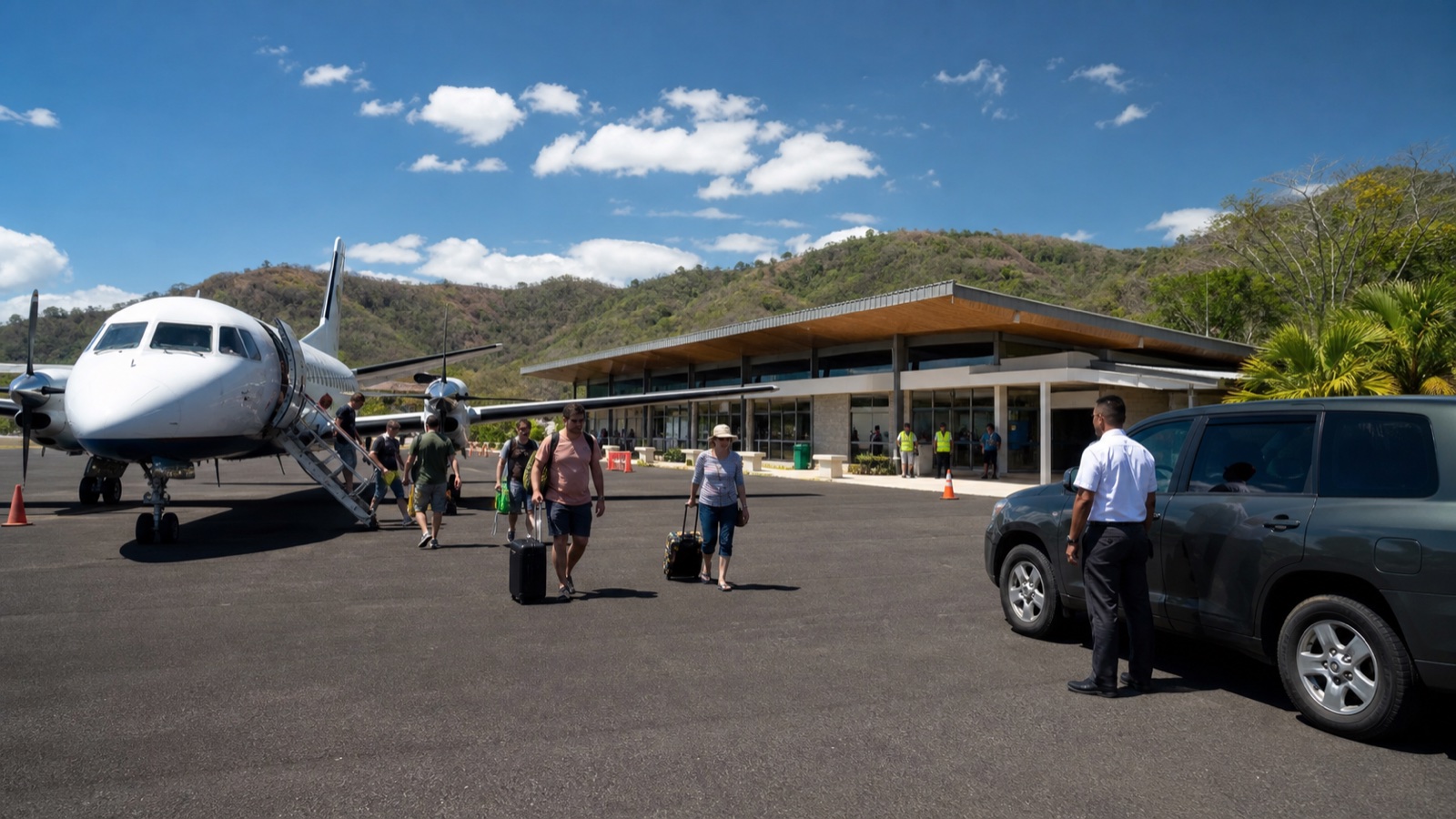 Travelers arriving from a small domestic turboprop and meeting a pre-arranged transfer at a tropical regional airport