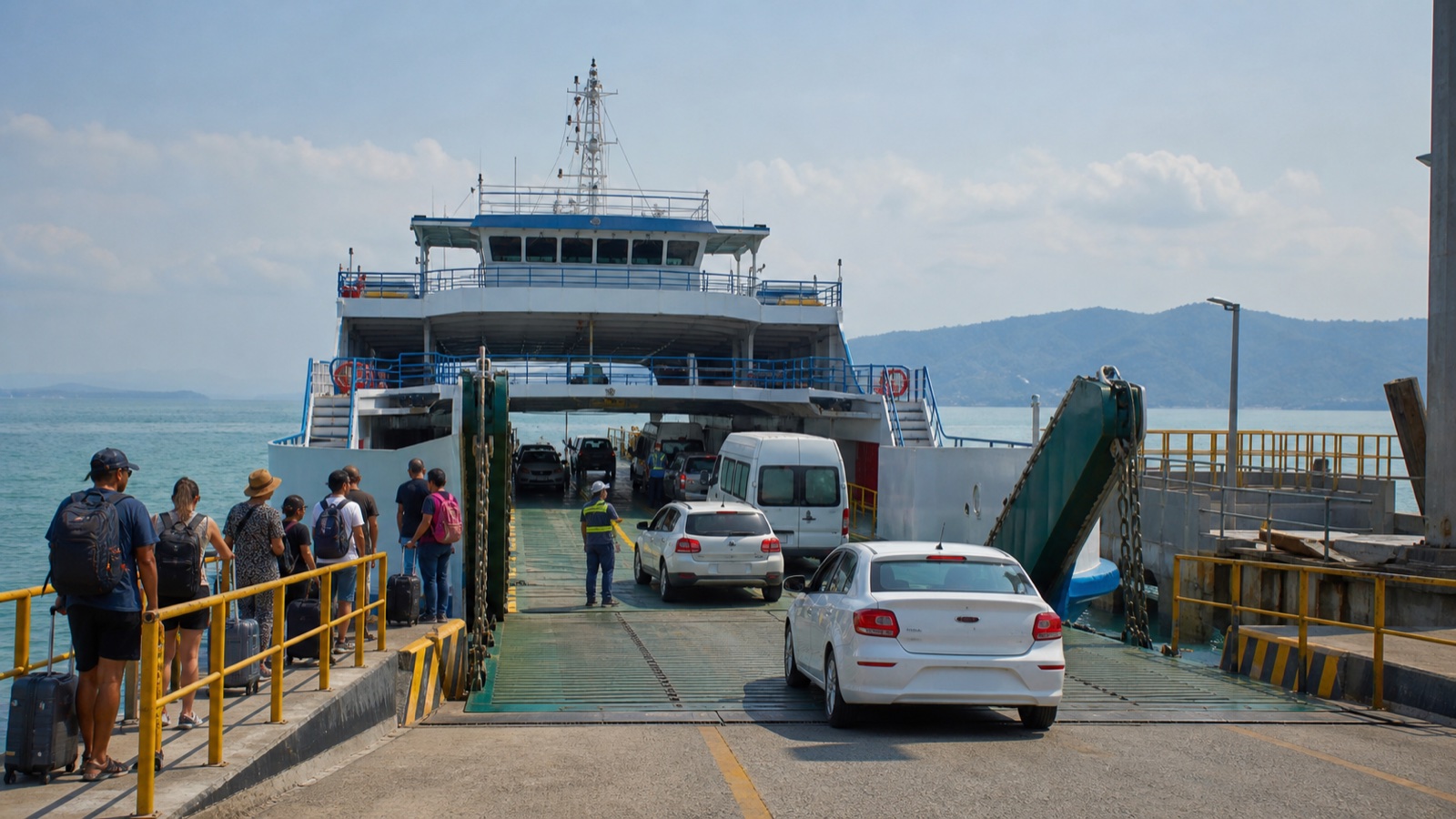 Cars, a shuttle van and pedestrian travelers boarding a public vehicle ferry across the Gulf of Nicoya