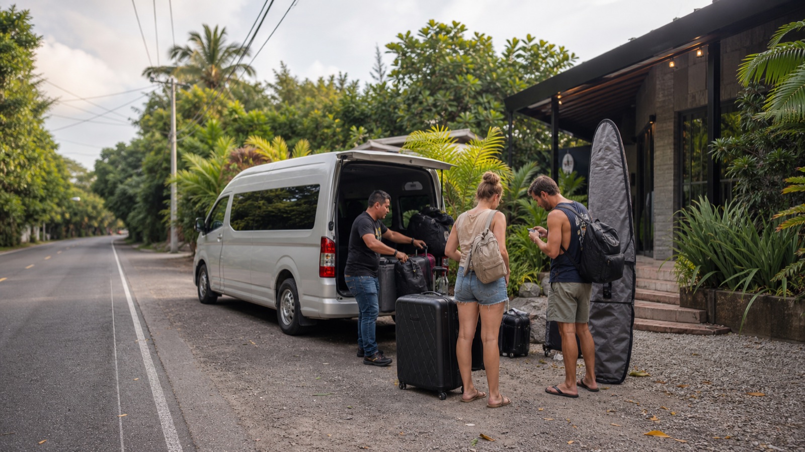 Driver unloading luggage and a full-size surfboard bag from a shared shuttle at a Santa Teresa accommodation