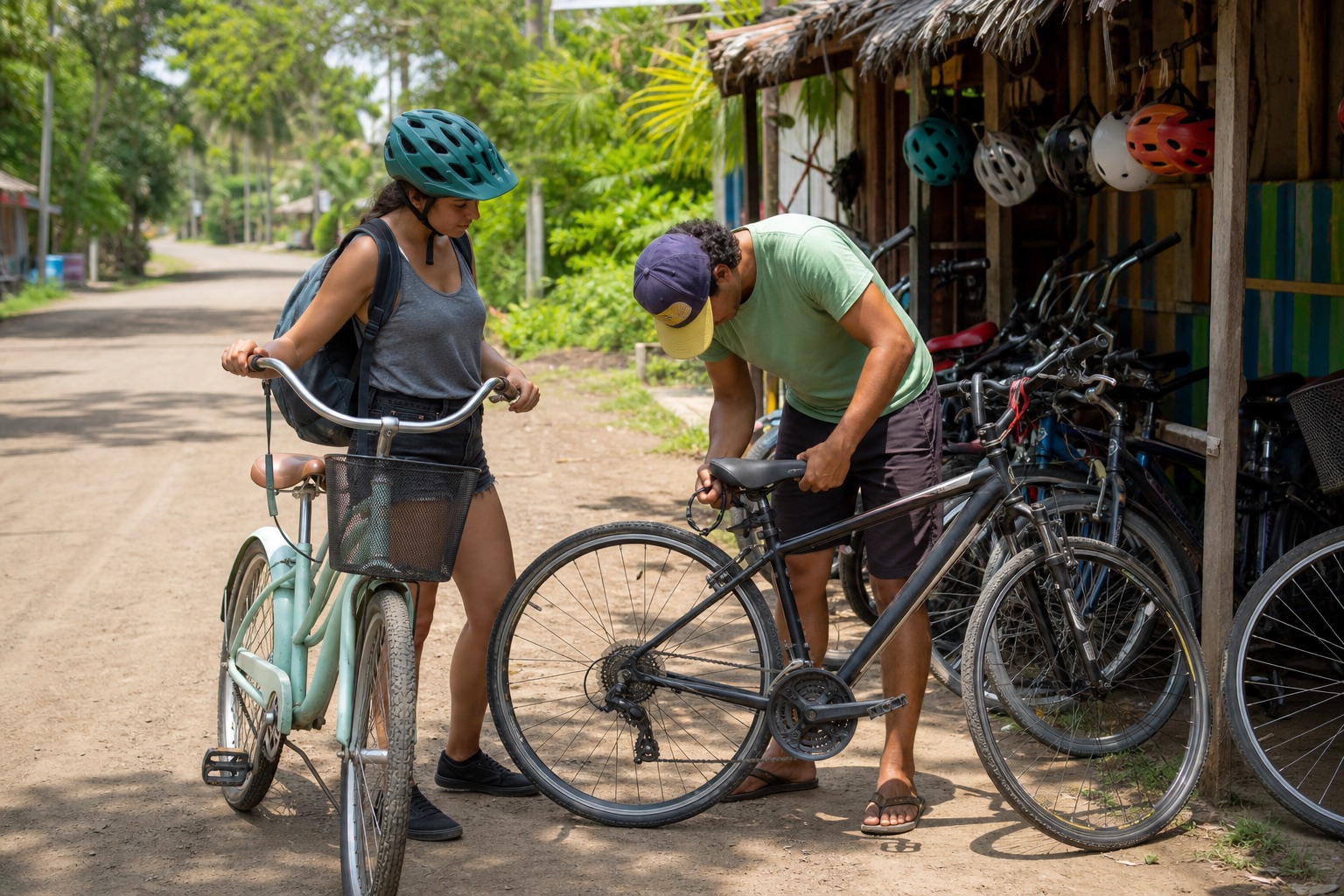 Traveler comparing a conventional cruiser bicycle and mountain bike at a Santa Teresa rental shop