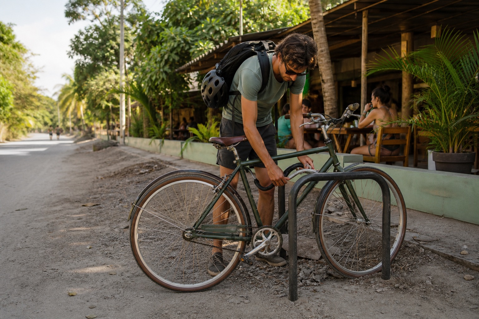 Traveler securing a conventional city bicycle to a fixed bicycle rack in Santa Teresa