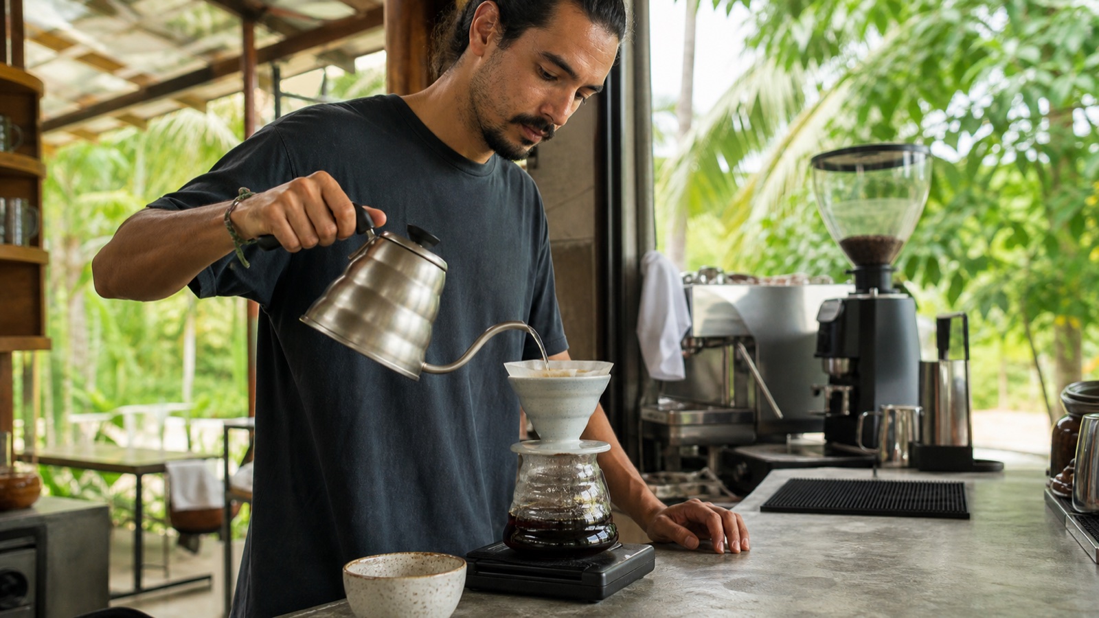 Barista preparing Costa Rican pour-over coffee with a ceramic dripper and scale in an open-air café