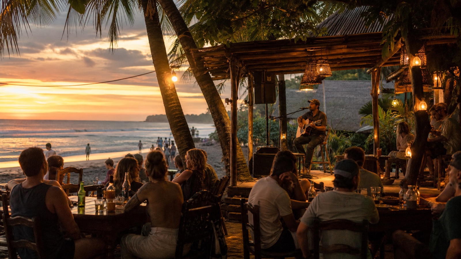 Acoustic musician performing for diners at a Santa Teresa beachfront restaurant at sunset