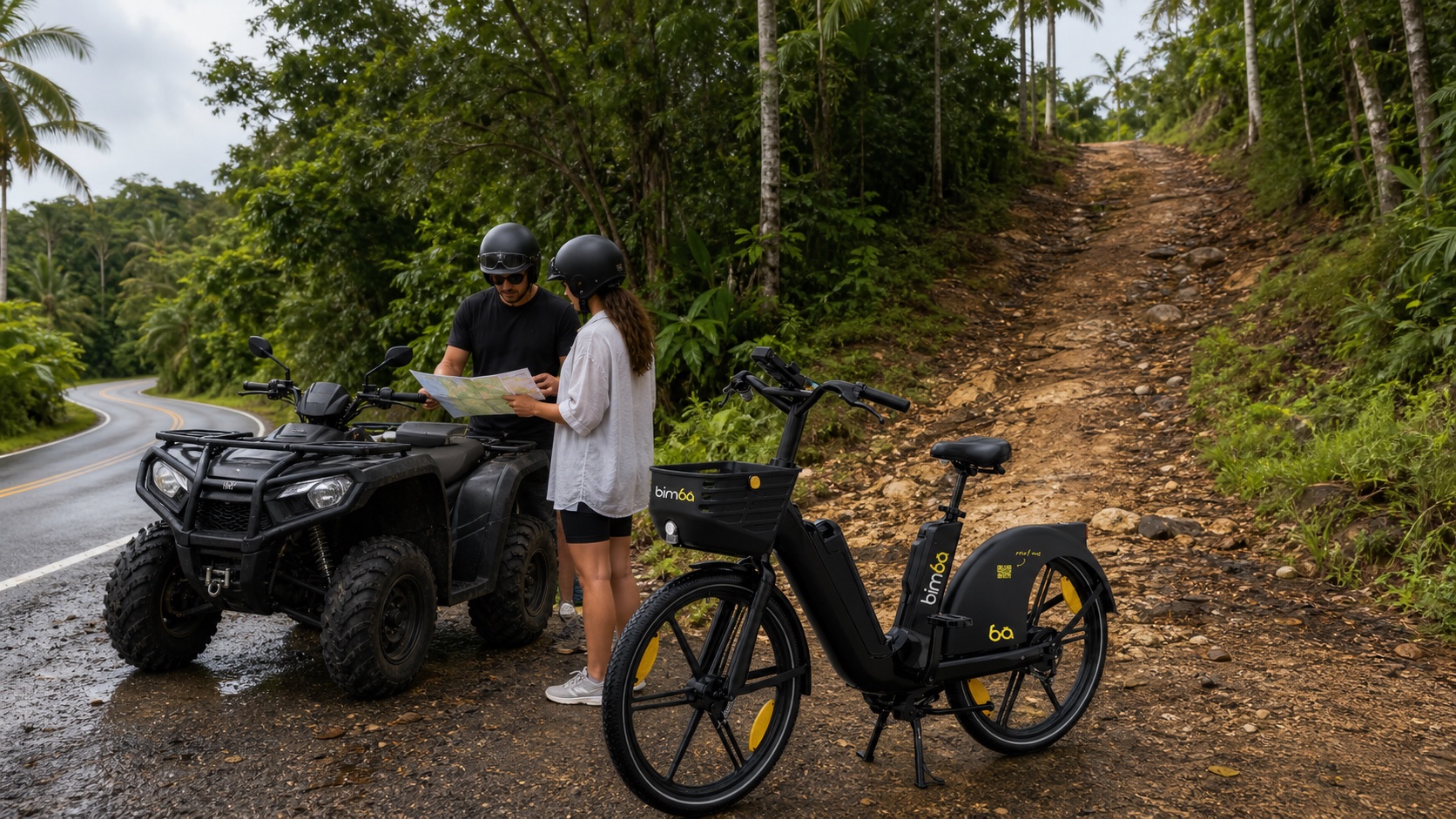Helmeted travelers comparing an ATV and a branded Bimba electric bike near a rough side road