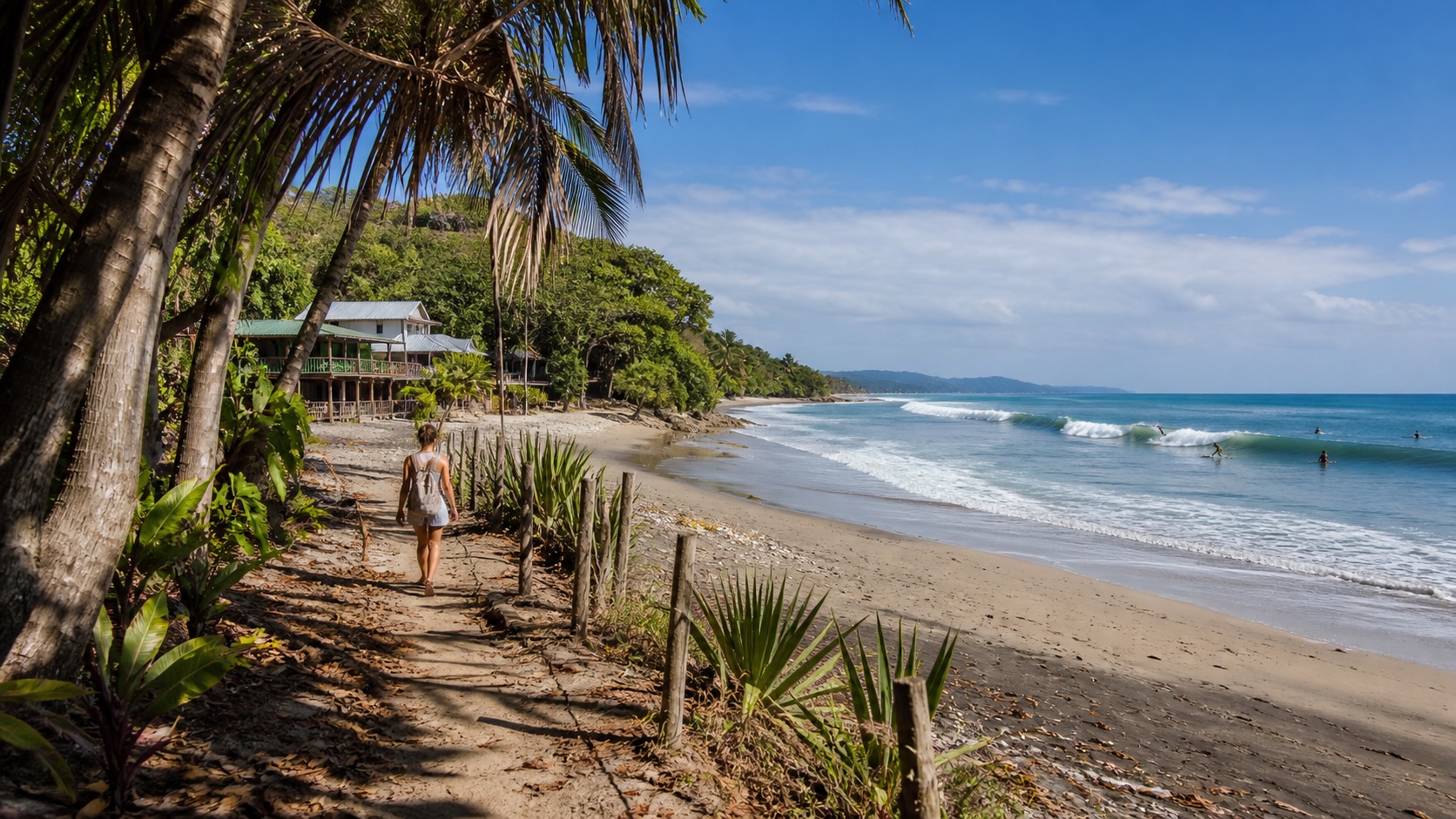 Palm-lined Santa Teresa beach with surfers and a sandy coastal path