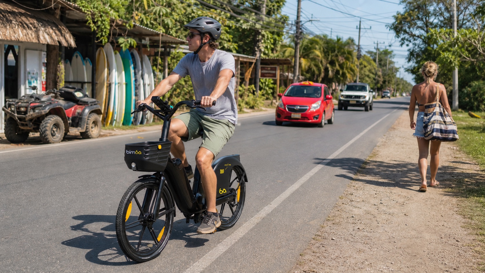 Helmeted Bimba rider sharing Santa Teresa's main road with local transportation