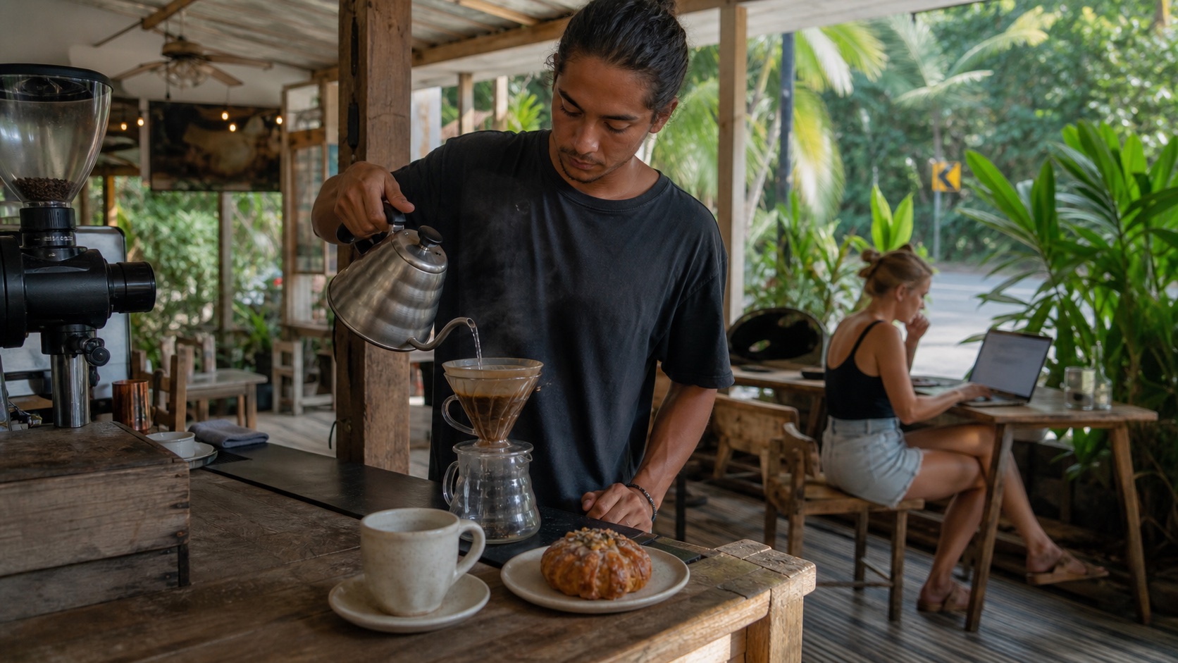 Barista preparing pour-over coffee at an open-air Santa Teresa café