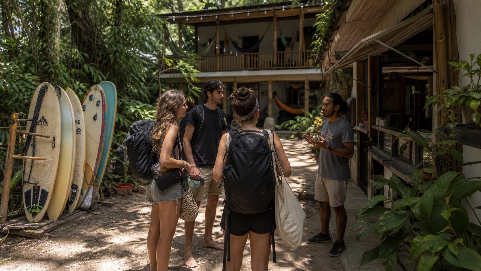 Backpackers arriving at a tropical hostel courtyard in Santa Teresa