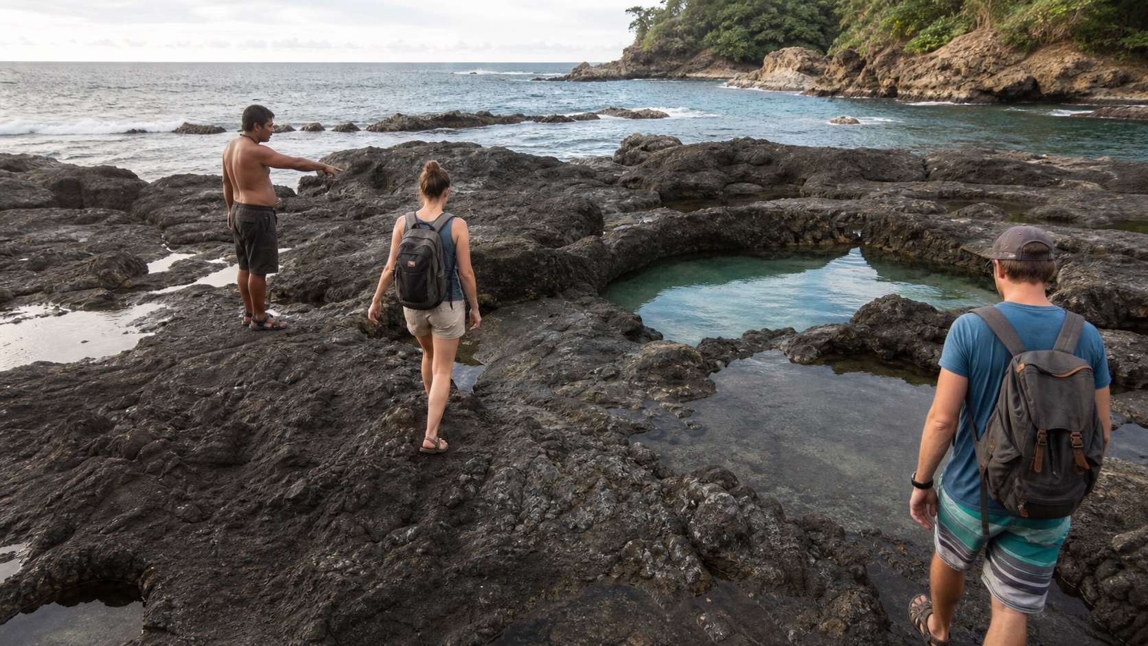 Travelers approaching the natural tide pools across the rocky Mal País shoreline