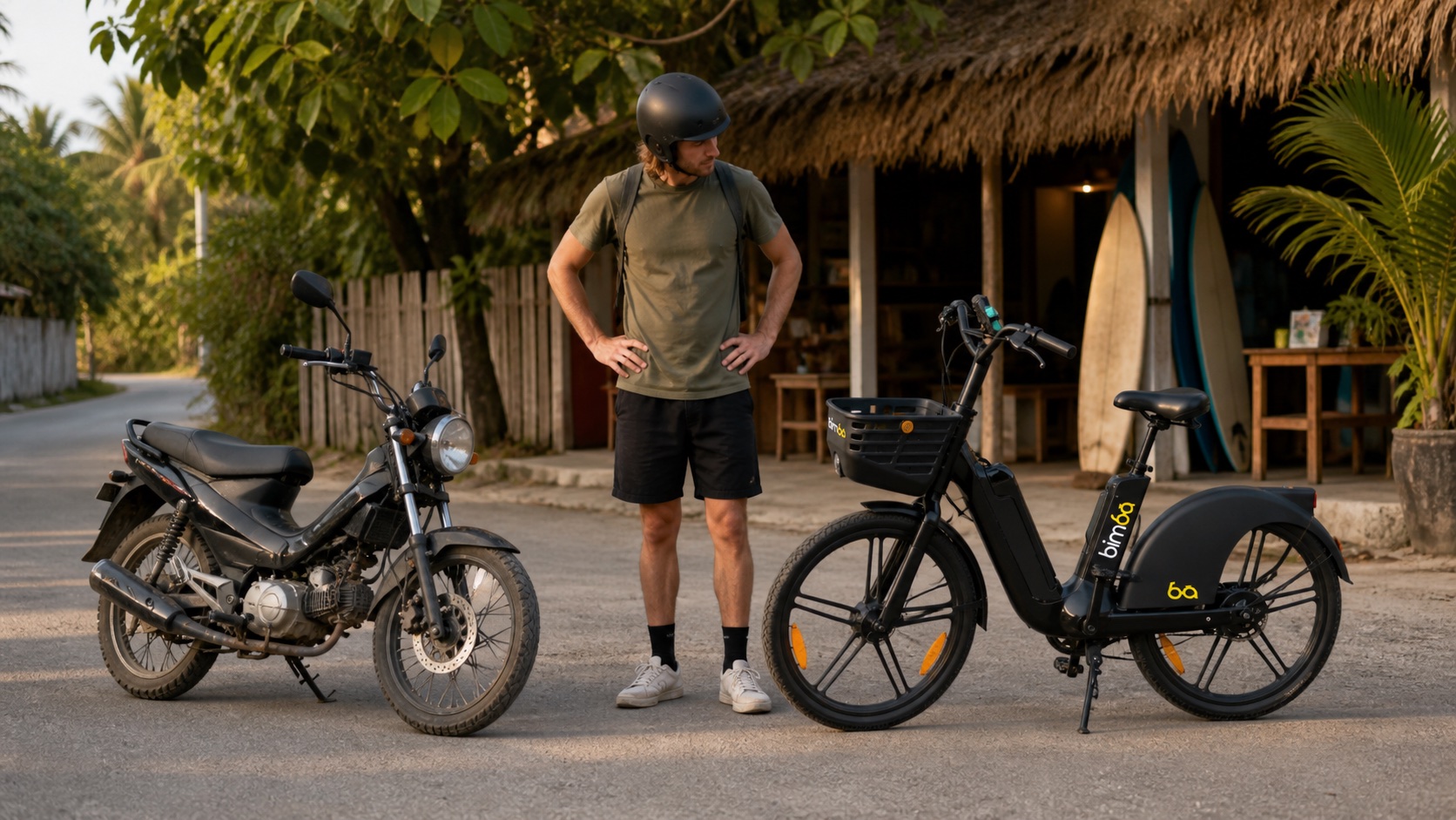 Traveler comparing a rental motorcycle with a branded Bimba electric bike