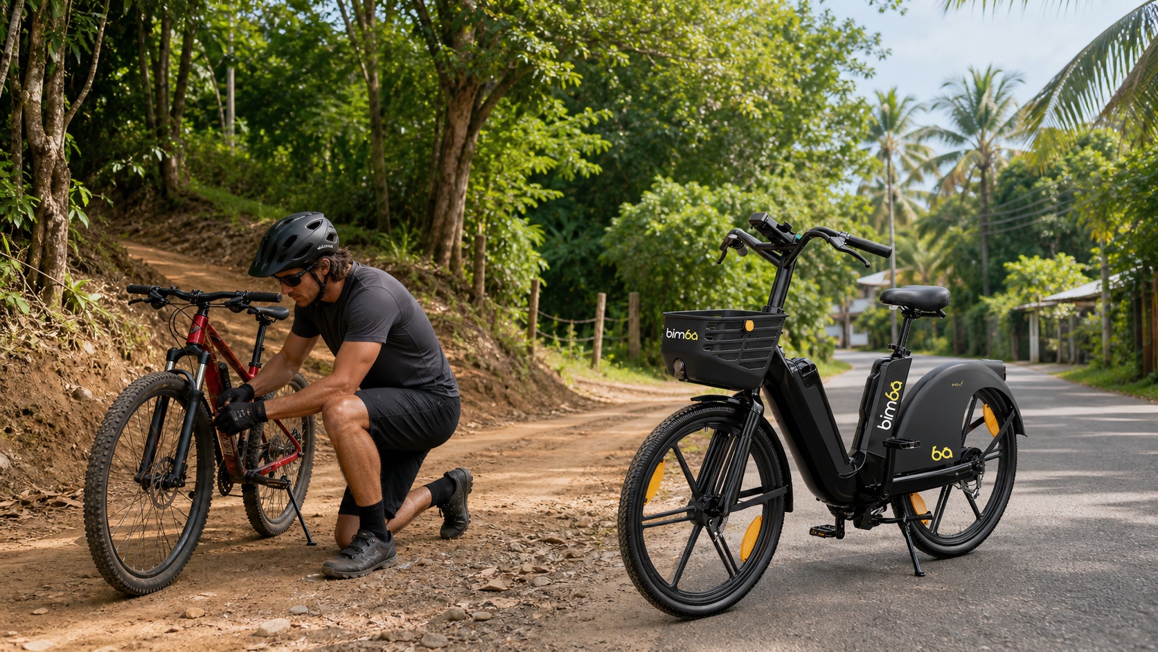 Mountain bike prepared for a dirt trail beside a Bimba electric bike in Santa Teresa