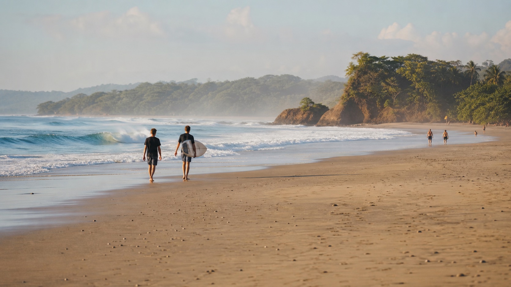 Surfers walking along Playa Santa Teresa at low tide