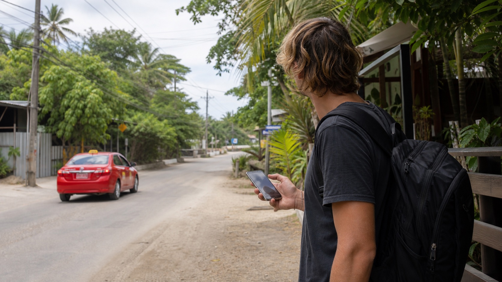 Traveler checking transportation options in Santa Teresa