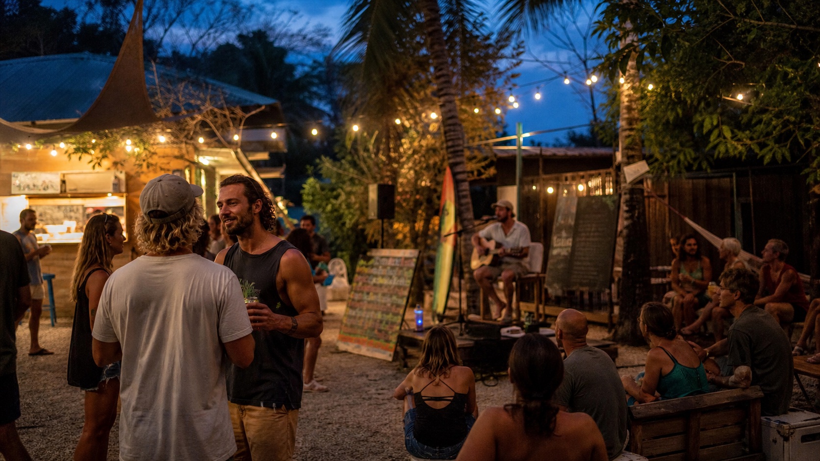 Open-air community music event at blue hour in Santa Teresa