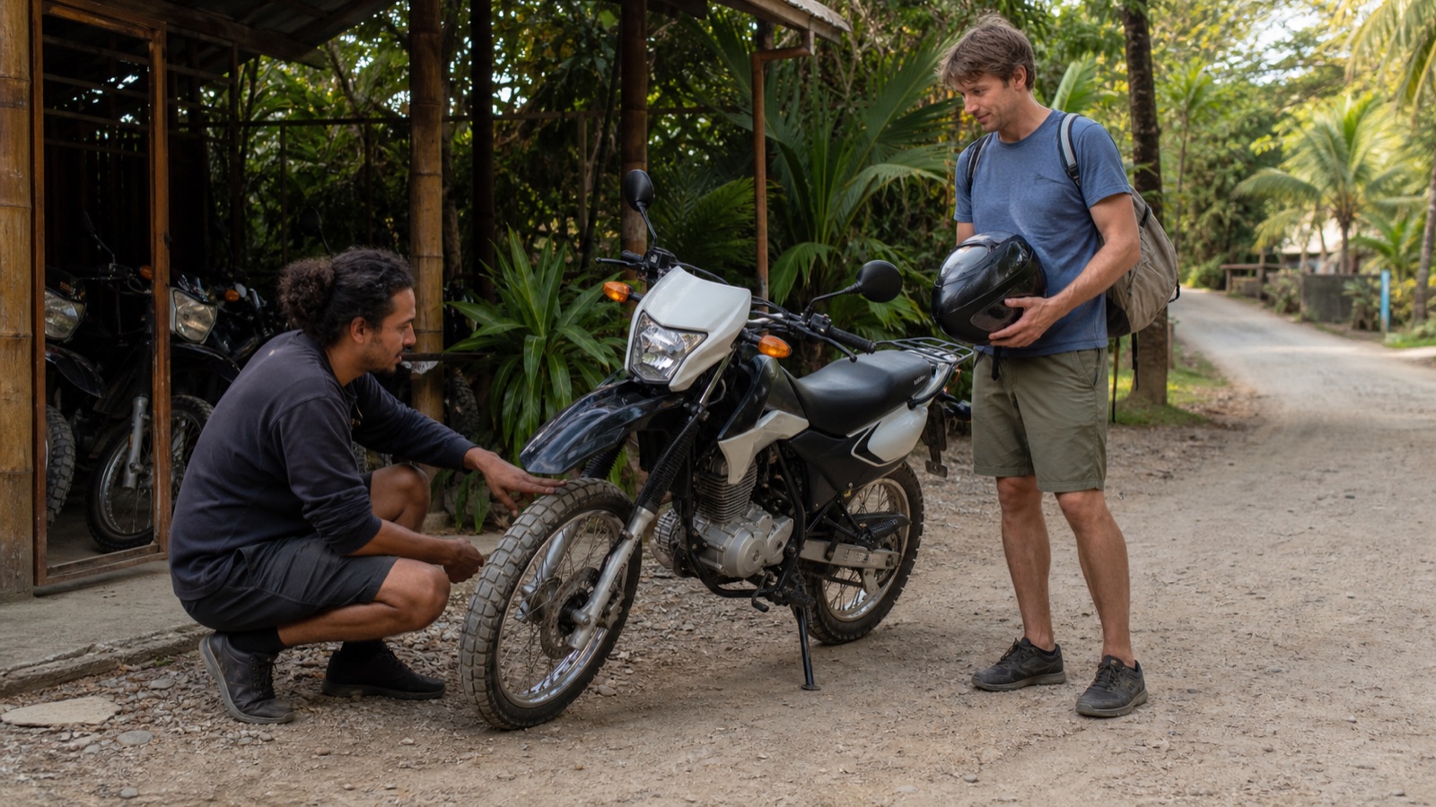 Traveler and local rental employee inspecting a dual-sport motorcycle in Santa Teresa Costa Rica