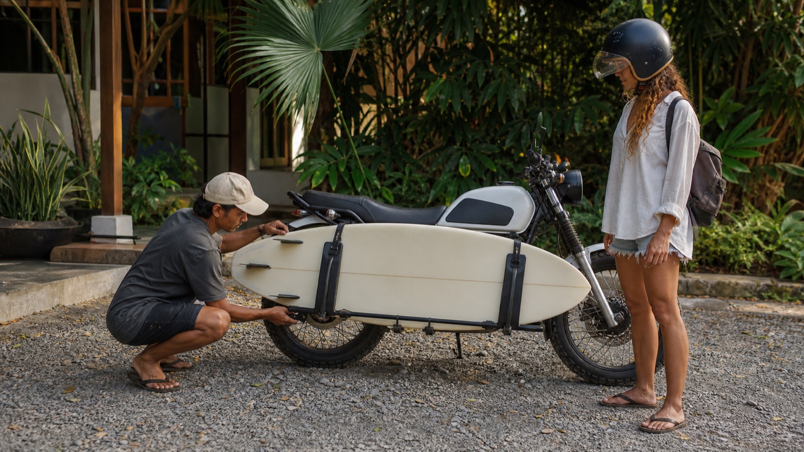 Rental employee checking a full-size surfboard secured to a purpose-built motorcycle rack