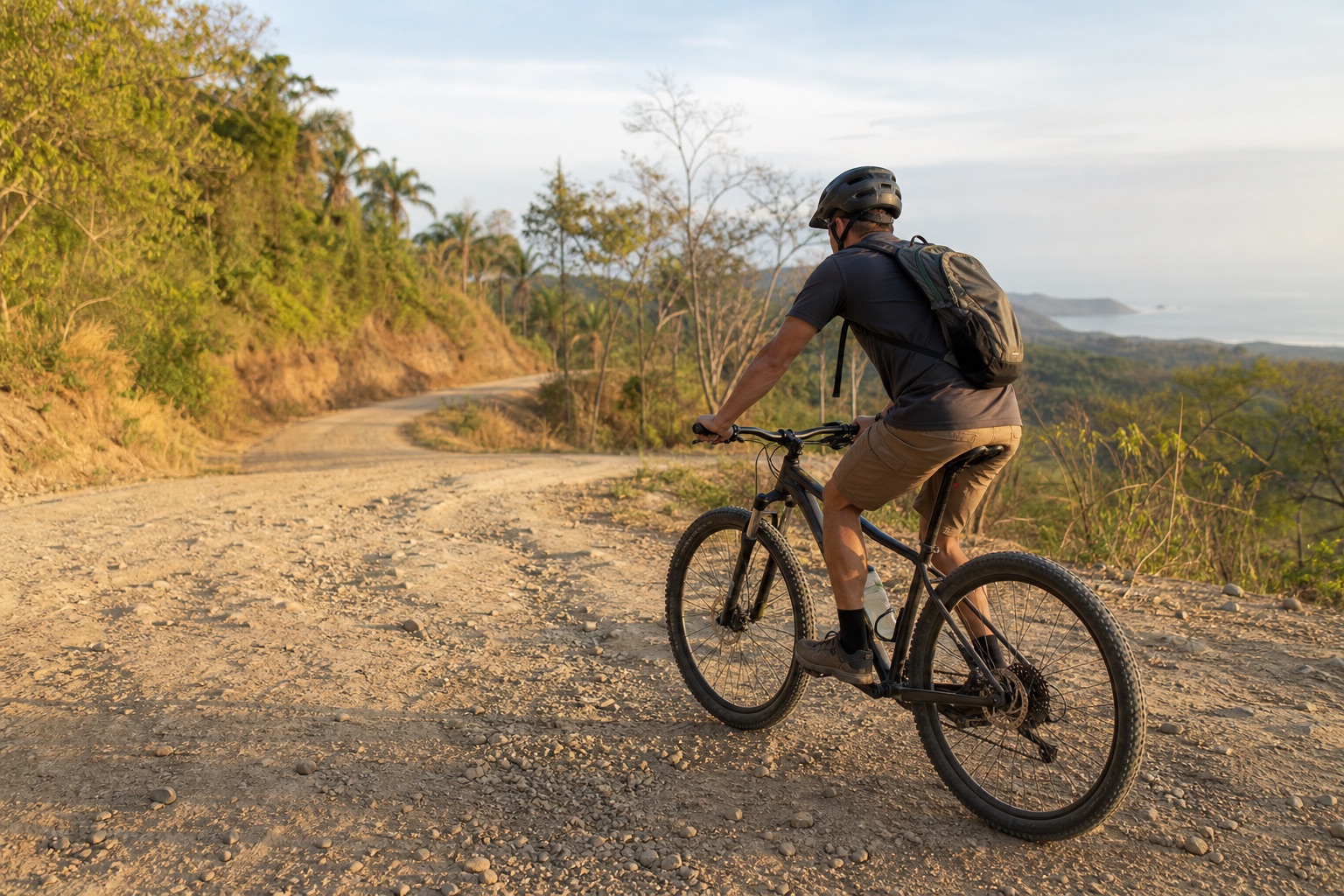 Helmeted cyclist climbing an unpaved rural road near Santa Teresa Costa Rica
