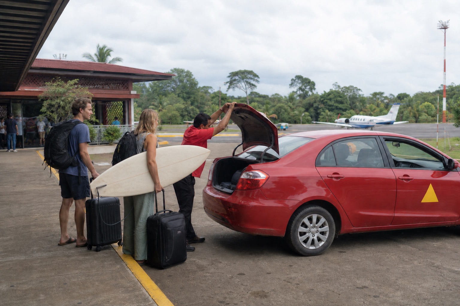 Travelers with luggage and a full-size surfboard boarding a red taxi at Cobano Airport