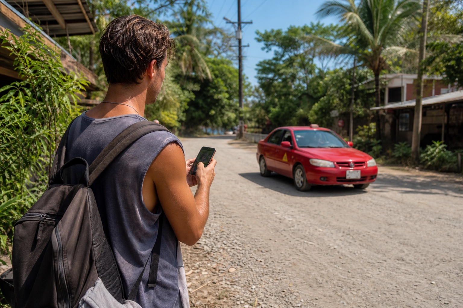 Traveler sending a pickup pin as a red Costa Rican taxi approaches in Santa Teresa