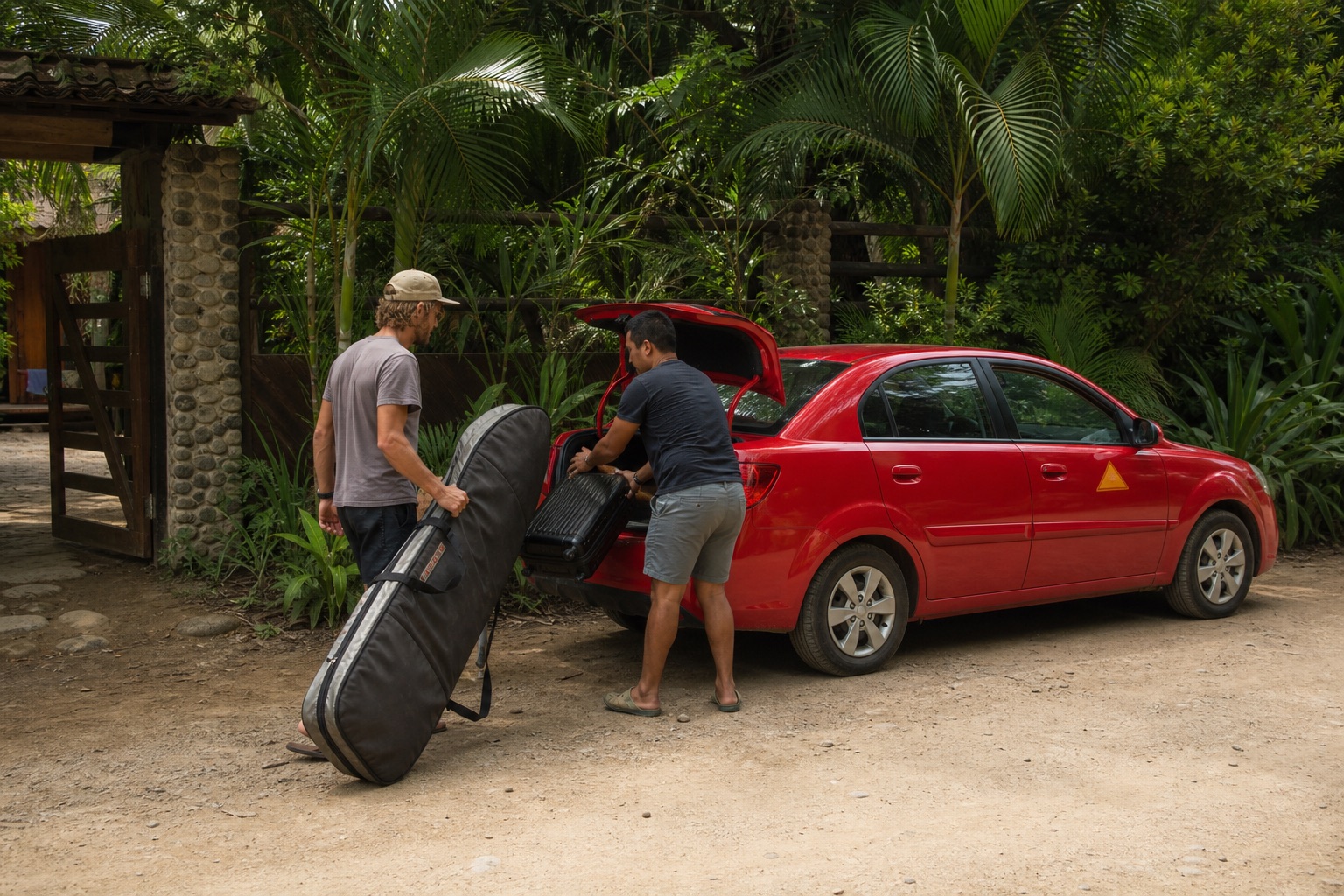 Traveler with a full-size surfboard bag loading a confirmed red taxi in Santa Teresa