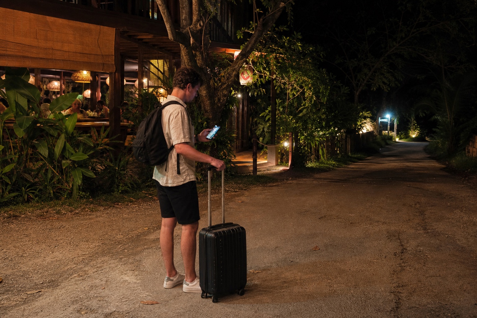 Traveler waiting with luggage at a lit pickup point in Santa Teresa at night
