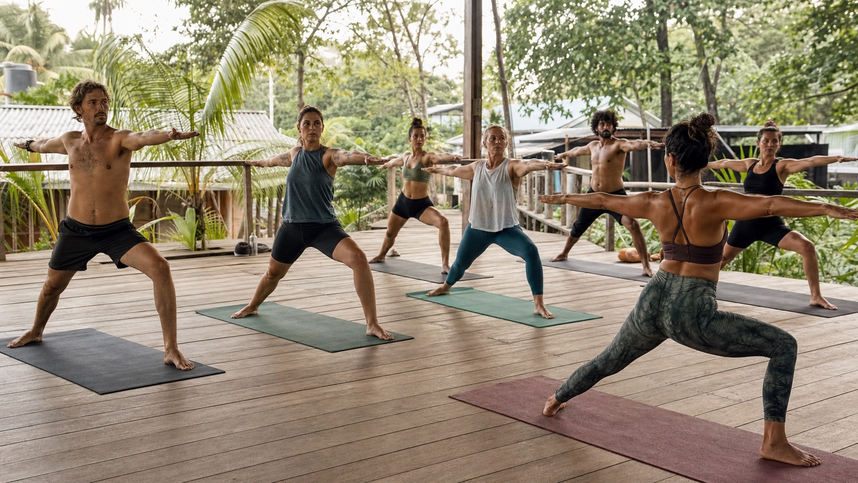 Mixed group following a yoga teacher on an open-air wooden deck in Santa Teresa