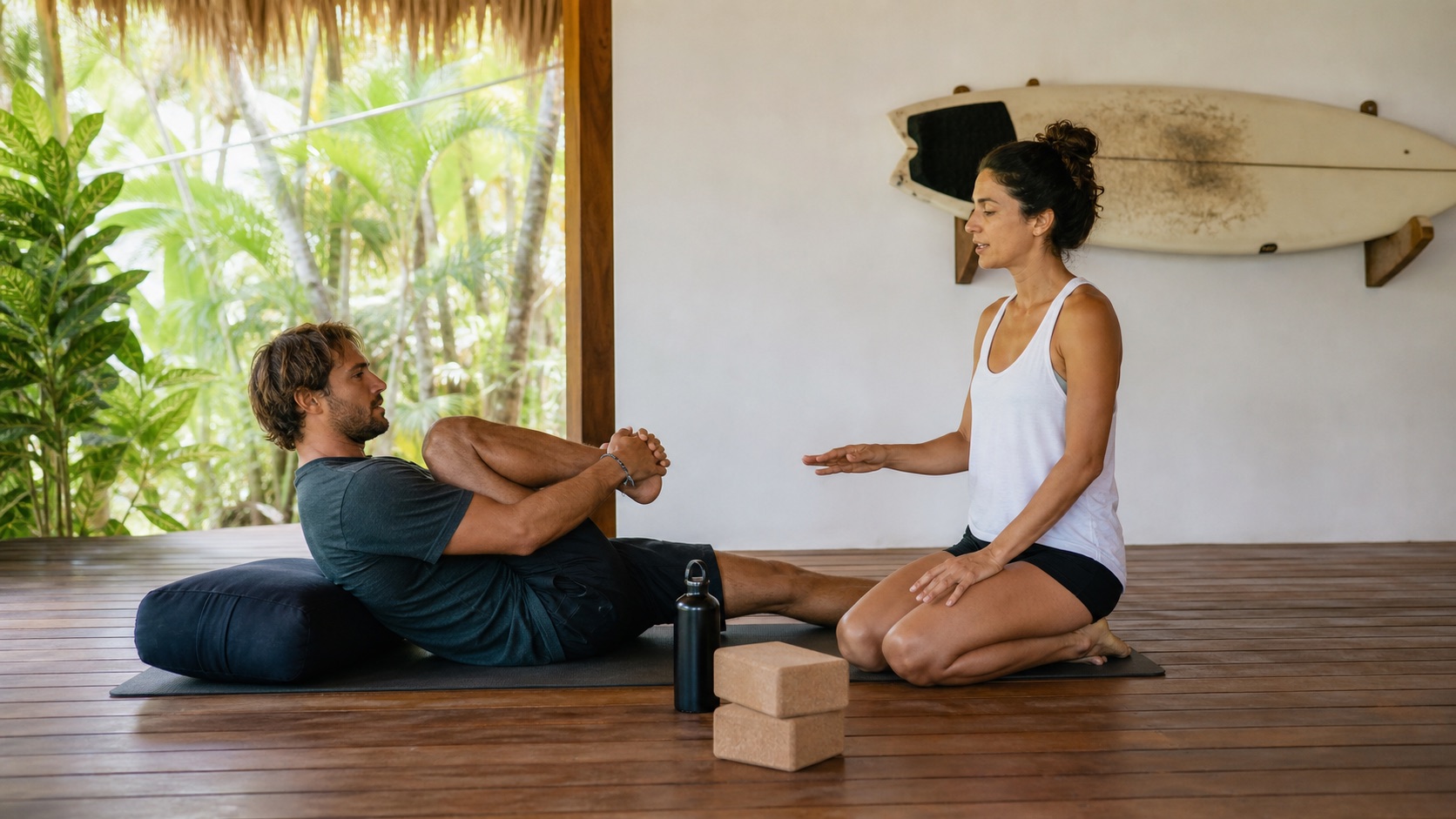 Surfer practicing a gentle supported recovery stretch with guidance from a yoga teacher