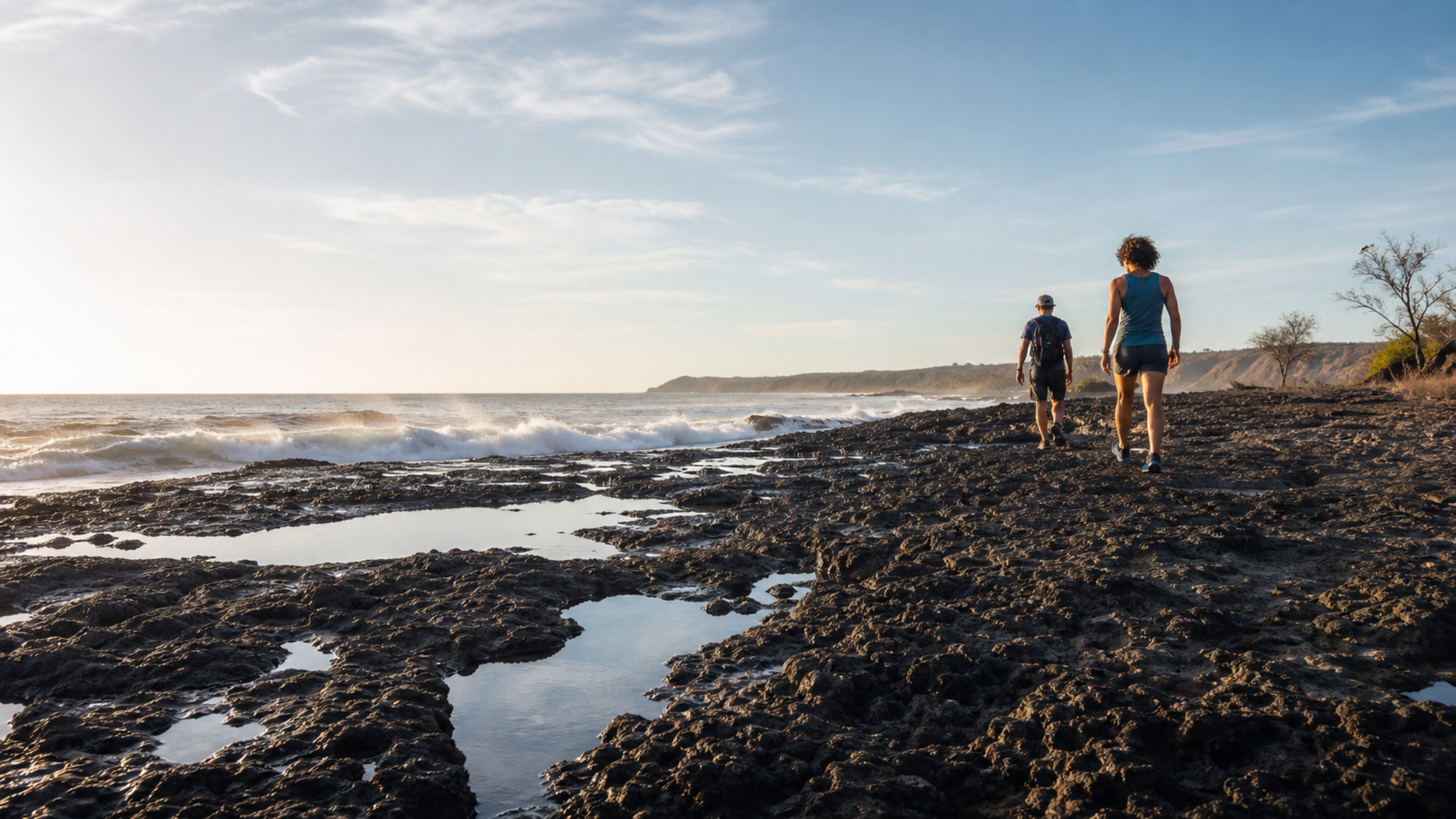 Natural tide pools on the rocky Mal Pais coast at low water