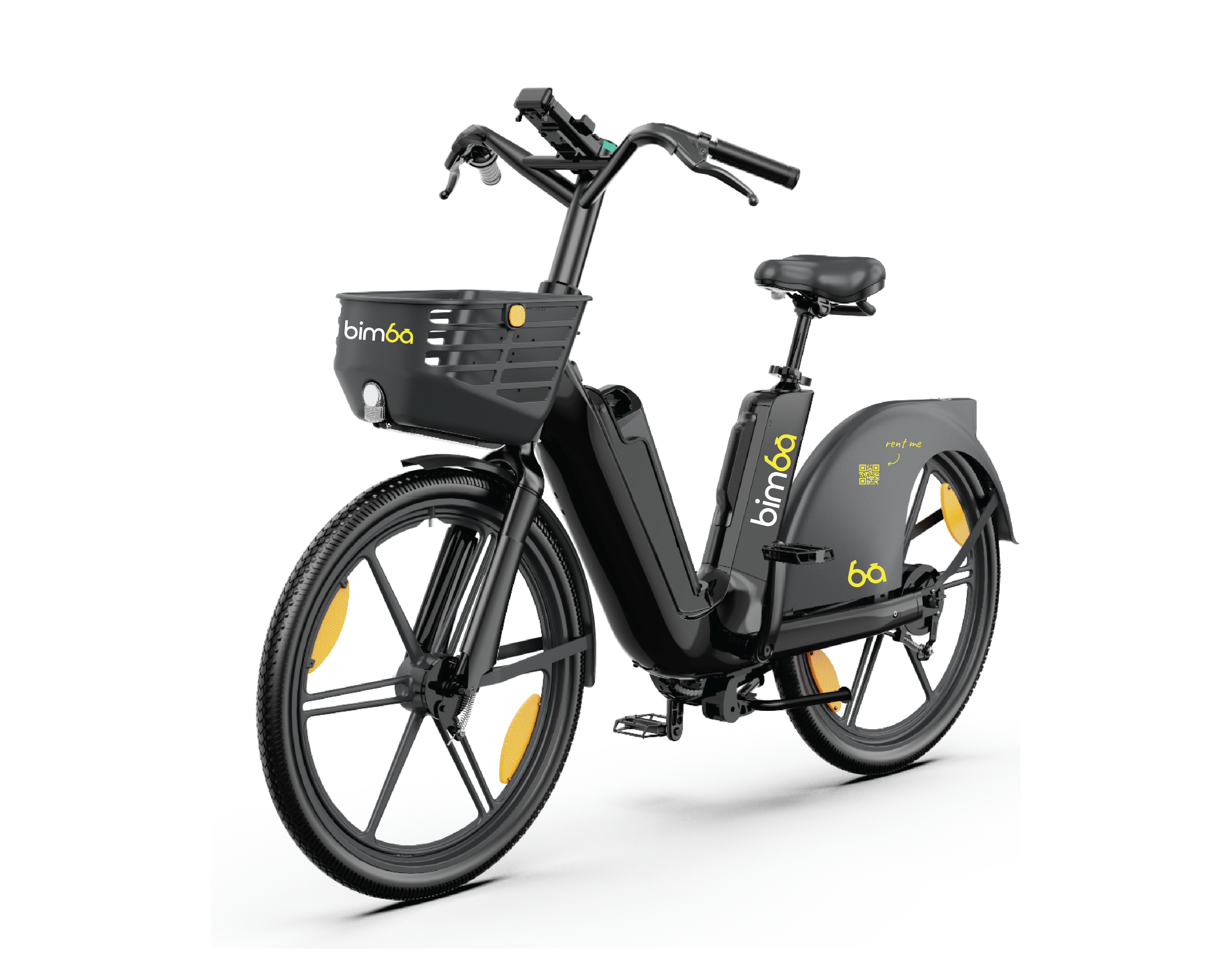 Official black Bimba electric bike with front basket and yellow Bimba branding