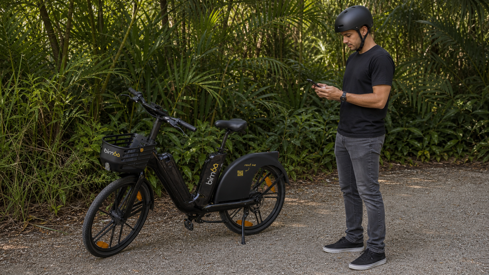 Helmeted Bimba rider stopped safely beside an e-bike before checking the app