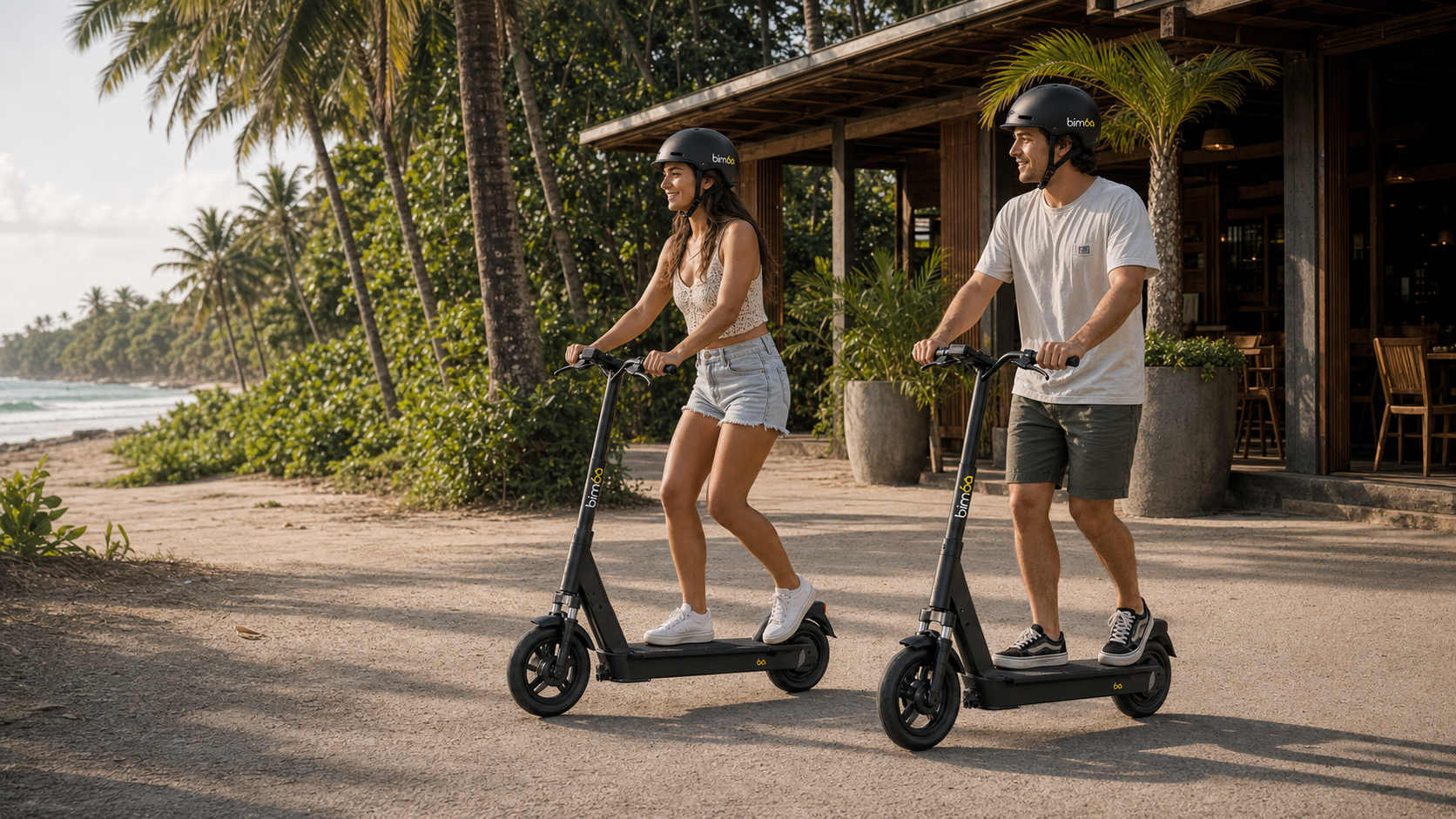 Two helmeted Bimba riders on branded electric scooters beside a beach cafe in Santa Teresa