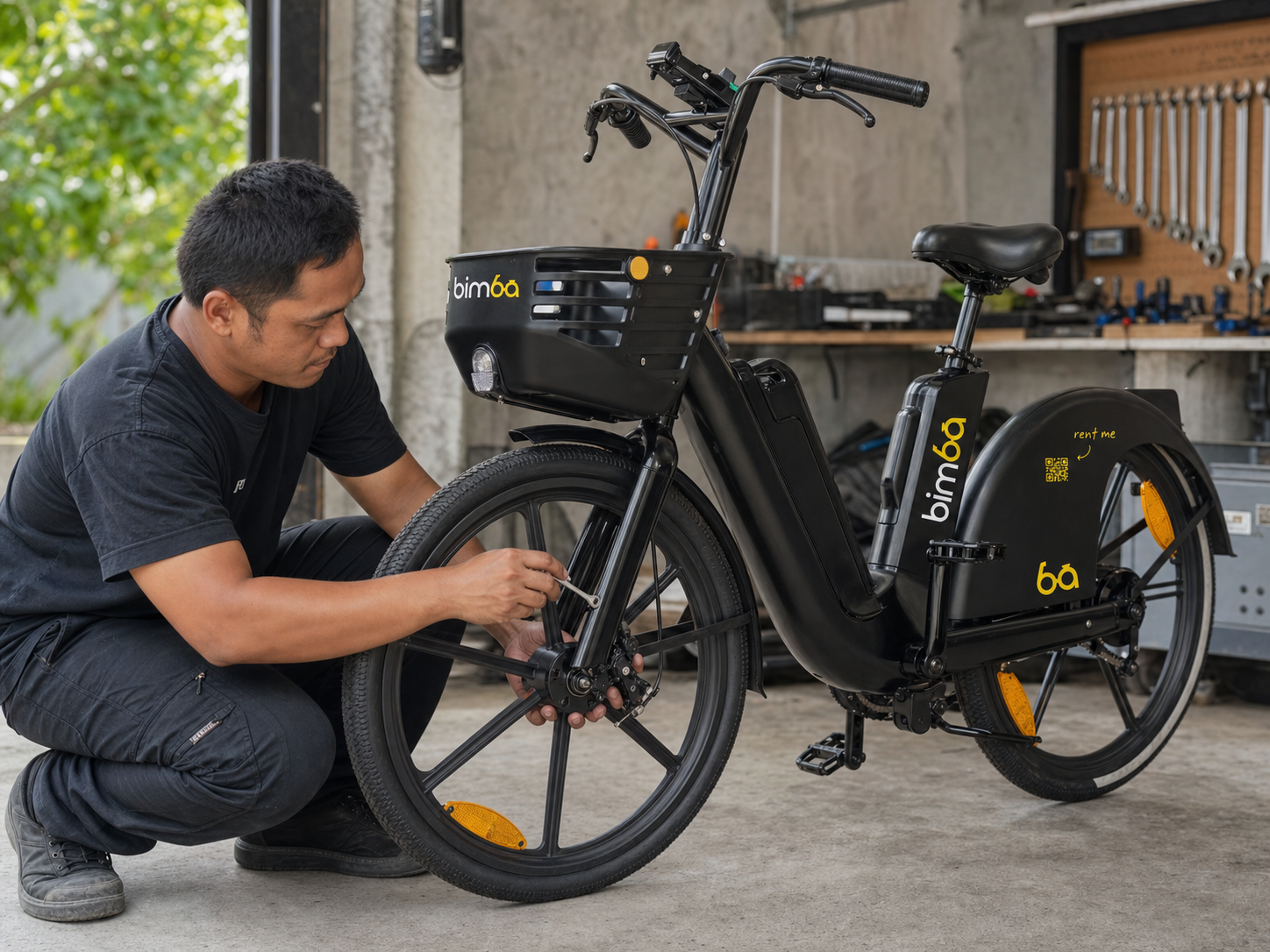 Technician carrying out routine maintenance on a black Bimba electric bike