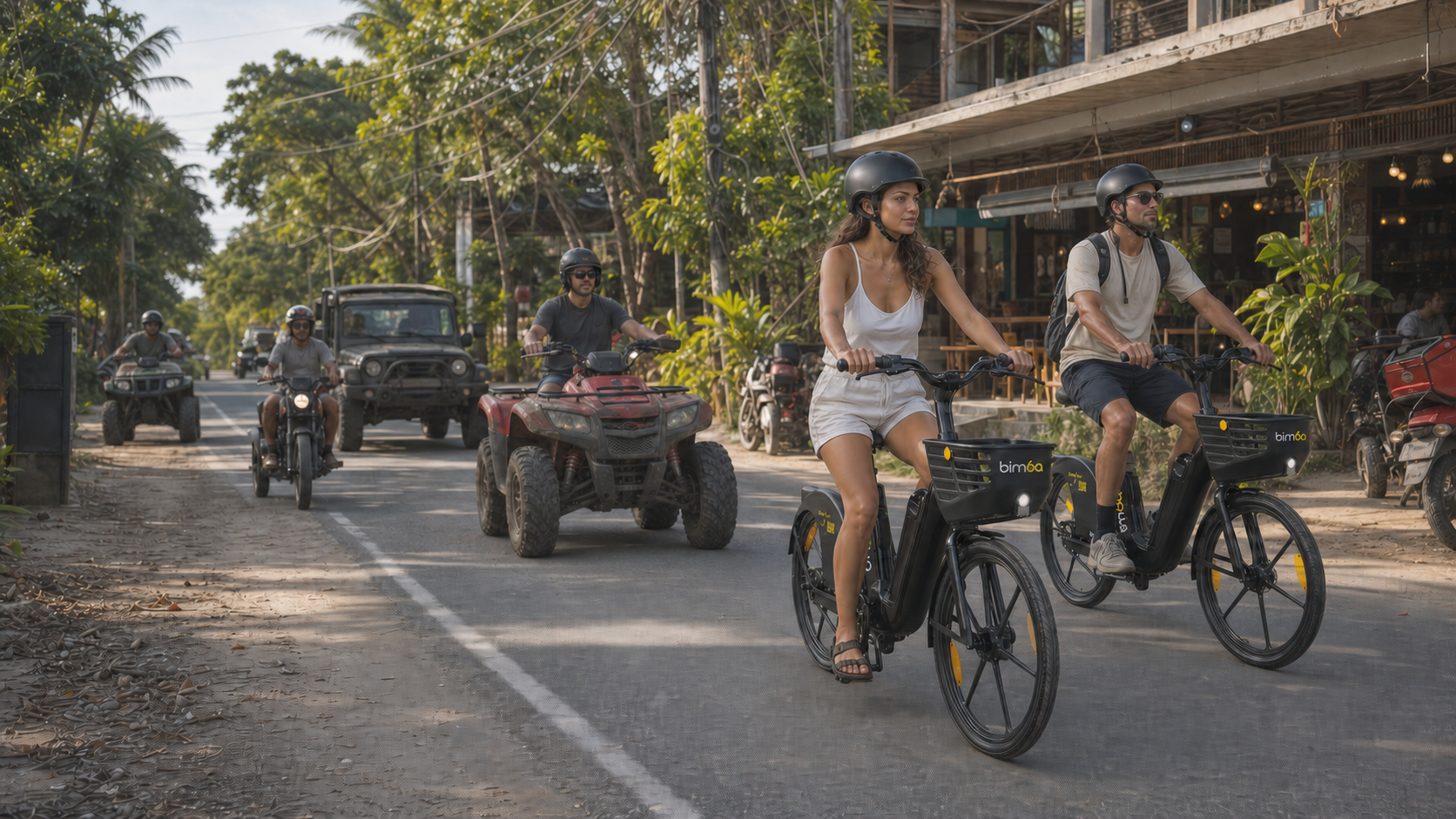 Two helmeted Bimba e-bike riders among ATVs, motorcycles and a 4x4 on Santa Teresa's main road