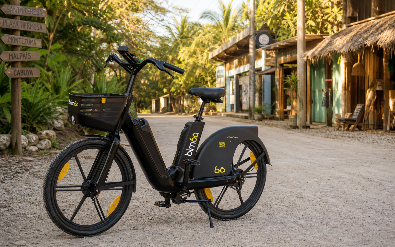 Black Bimba shared electric bike on a tropical street in Santa Teresa, Costa Rica