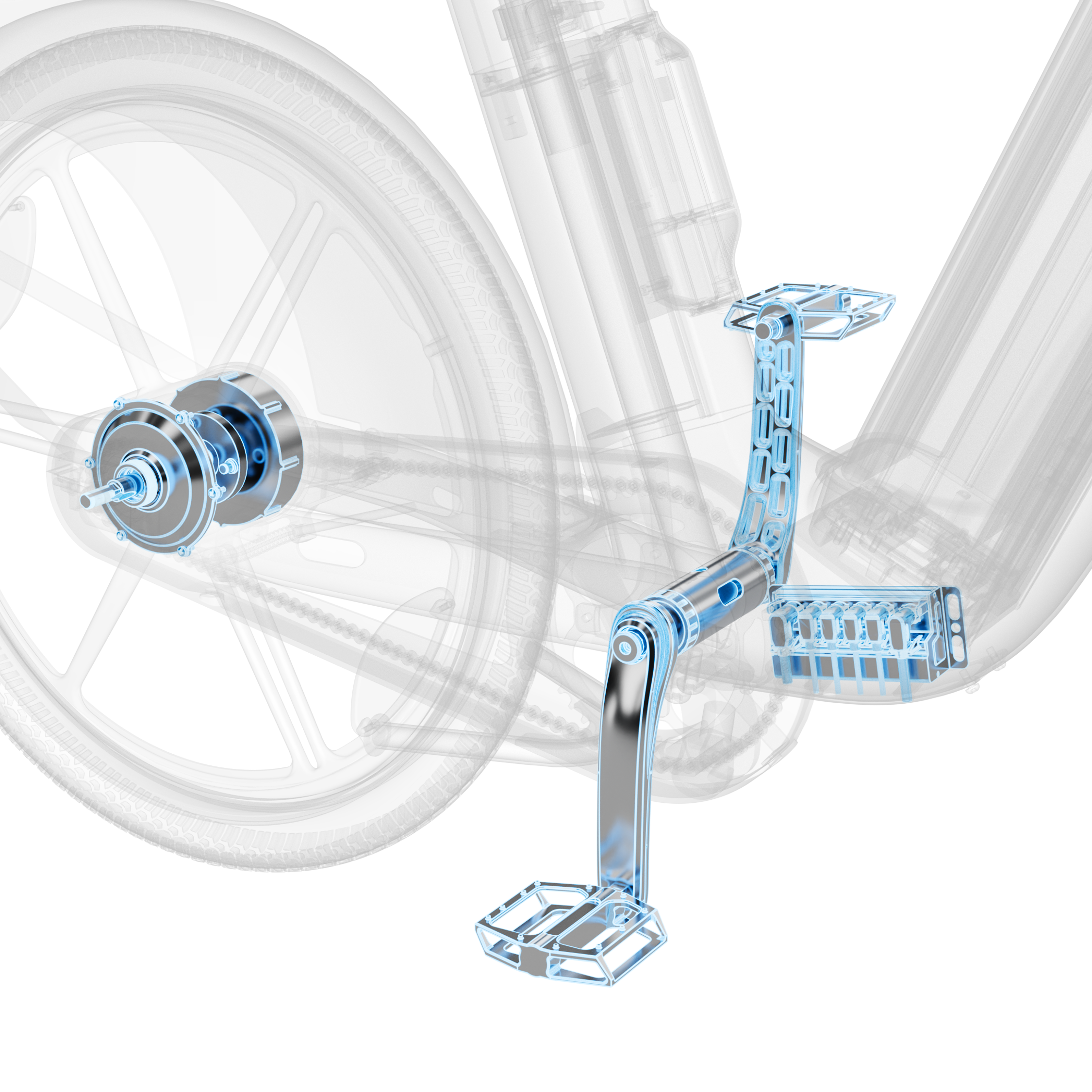 Official transparent engineering view of the electric bike pedal and drive system